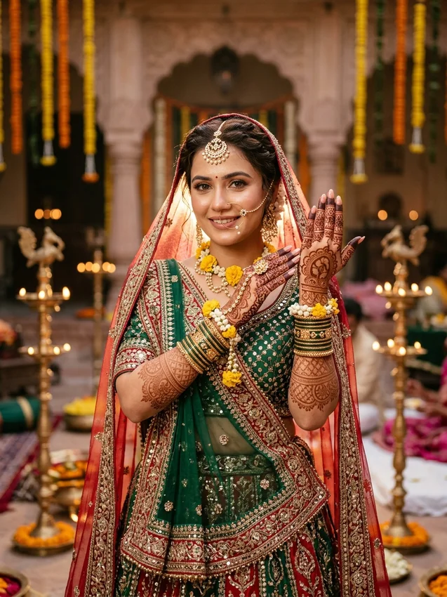 Mehndi Prompt for Gemini Girl Rajasthani Dulhan Mehndi Pose with Mirror-Work Dupatta