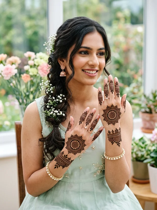 Mehndi Prompt for Gemini Girl Modern Minimalist Mandala Mehndi Design in Pastel Mint Kurta