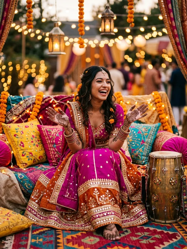 Mehndi Prompt for Gemini Girl Bohemian Diwan Setup with Dholak and Moroccan Lanterns