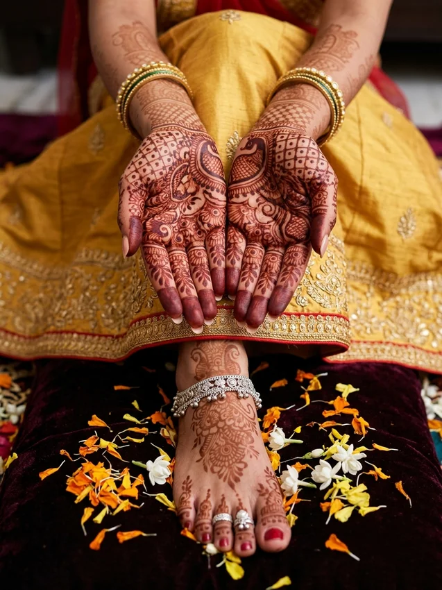 Mehndi Prompt for Gemini Girl Macro Palms and Feet Henna Details with Silver Payal Anklet