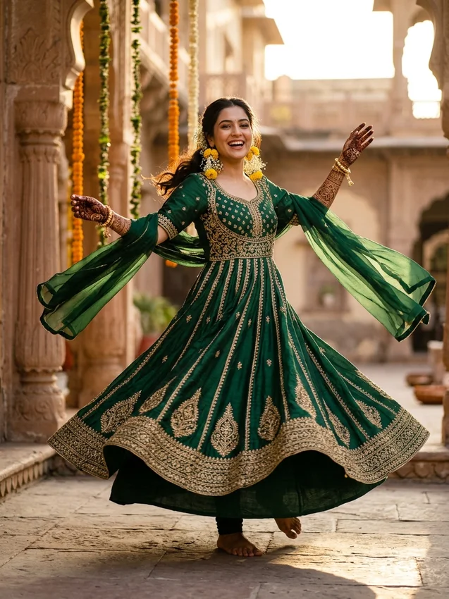 Mehndi Prompt for Gemini Girl Twirling Bottle Green Silk Anarkali Suit with Henna Hands