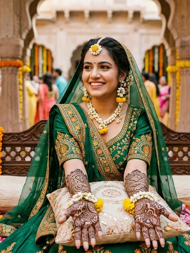 Mehndi Prompt for Gemini Girl Royal Emerald Green Bridal Swing Look with Fresh Mogra Jewelry