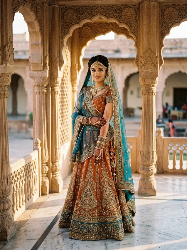Mehndi Prompt for Gemini Girl Royal Jodhpur Palace Veranda Shoot with Sheer Veil