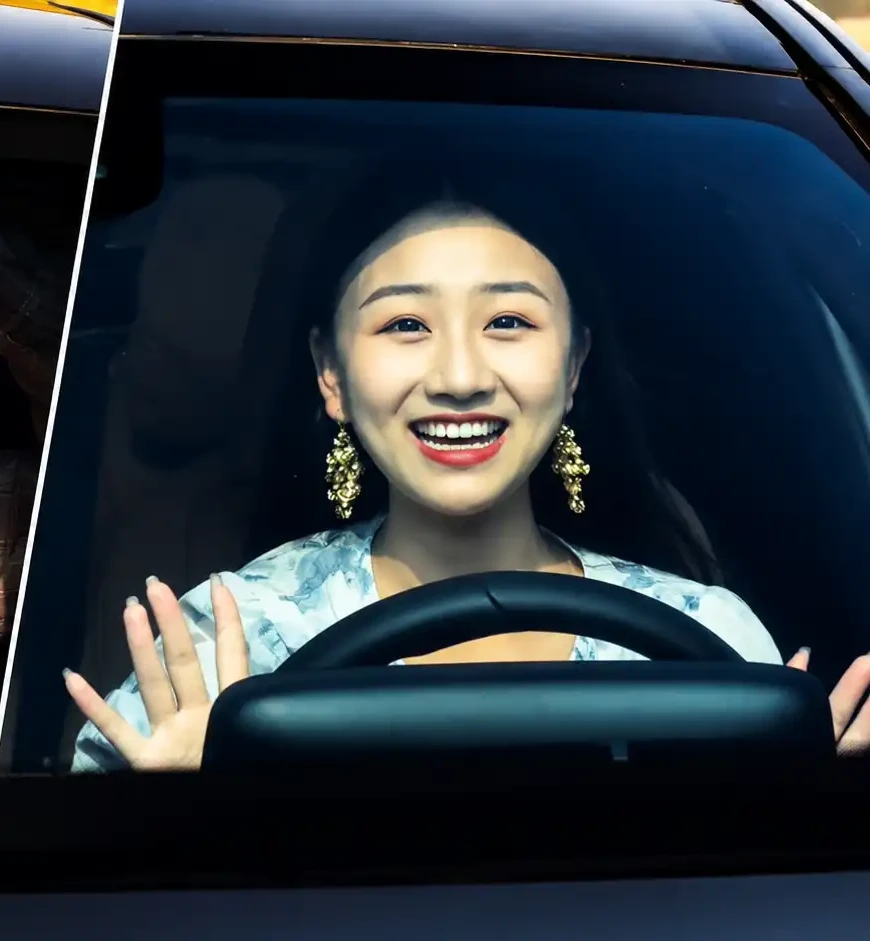 Mercedes car driving AI video editing prompt for girl steering wheel Flow AI and Luma