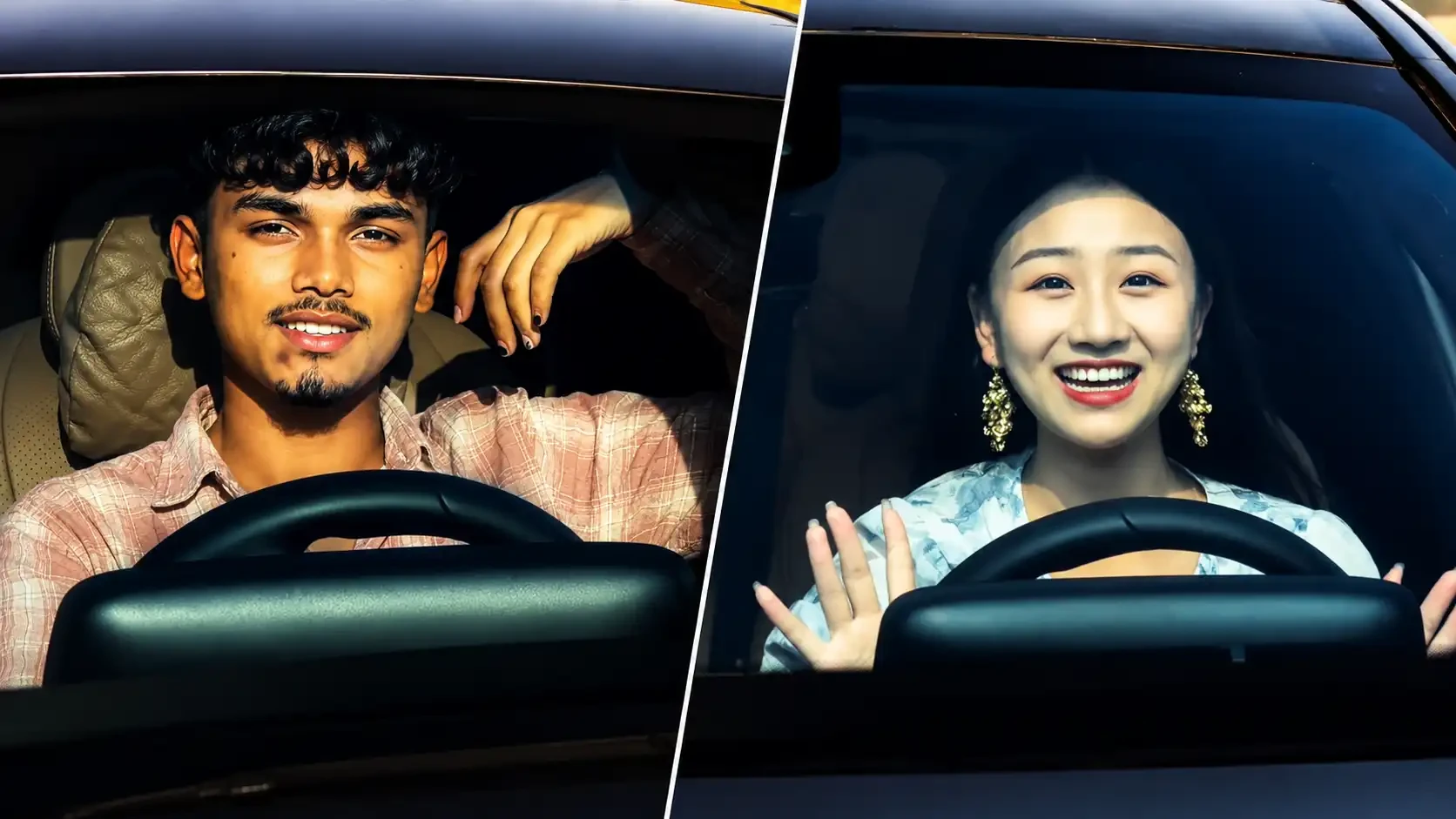 Mercedes car driving split comparison boy and girl AI video prompt