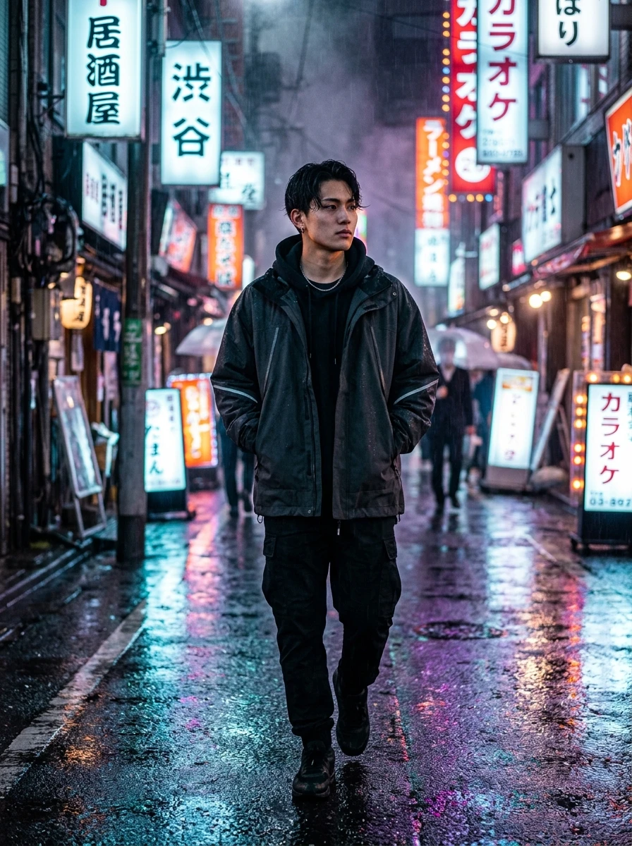Tokyo Shibuya Rain and Neon Reflection Techwear Boy AI Photo