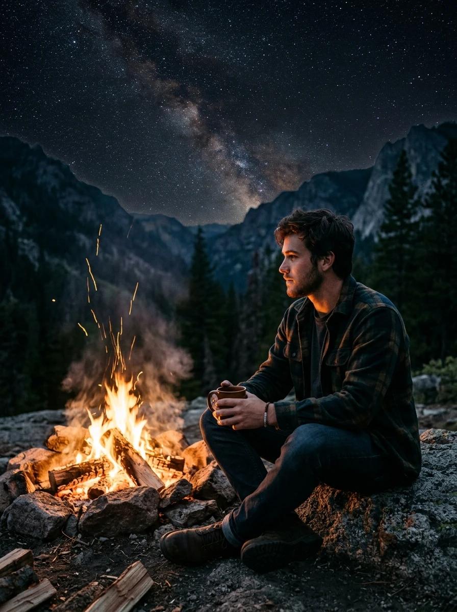 Mountain Campfire Stargazing Boy AI Night Photo