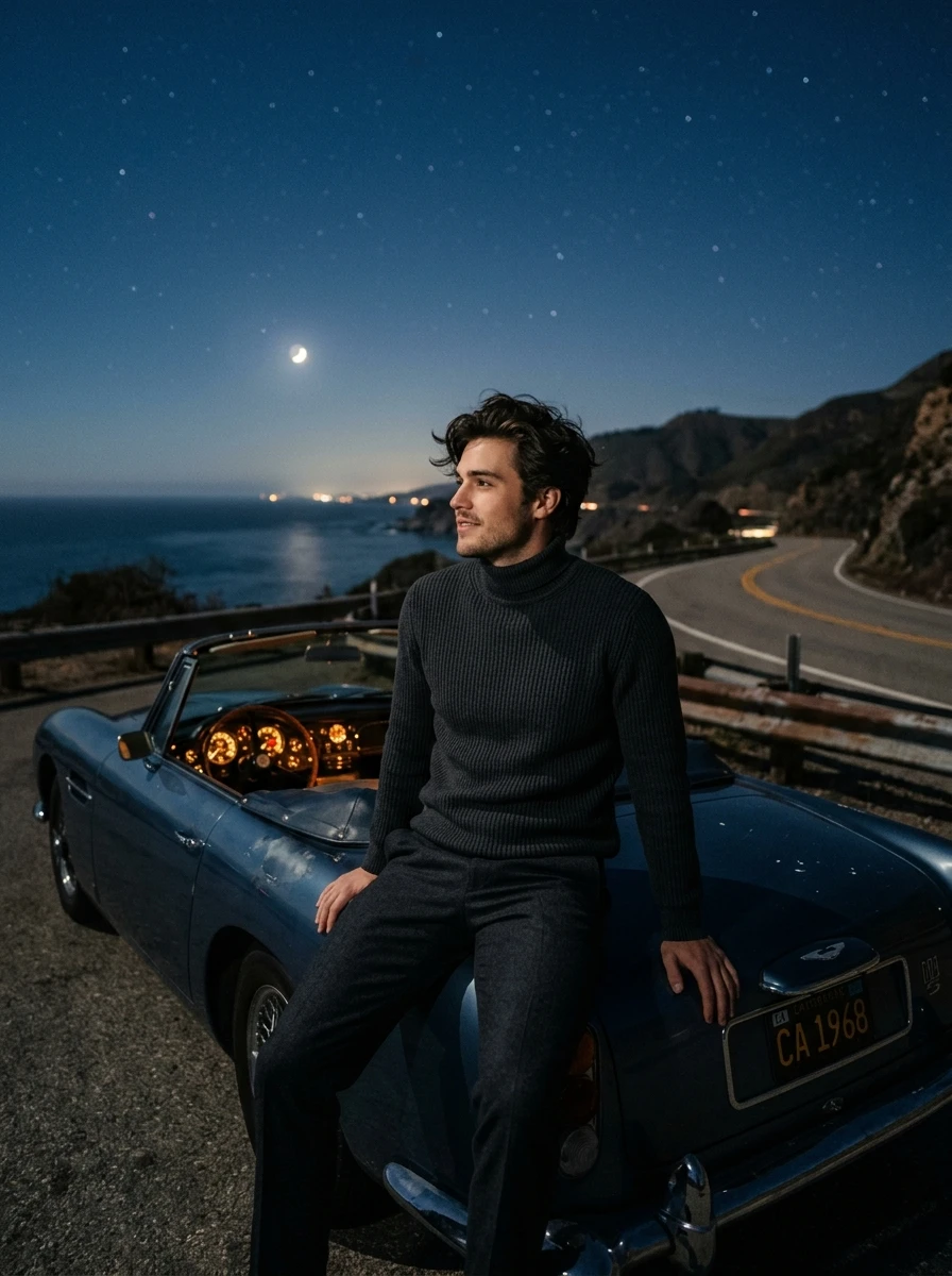 Vintage Convertible Highway Stargazing Boy AI Night Photo