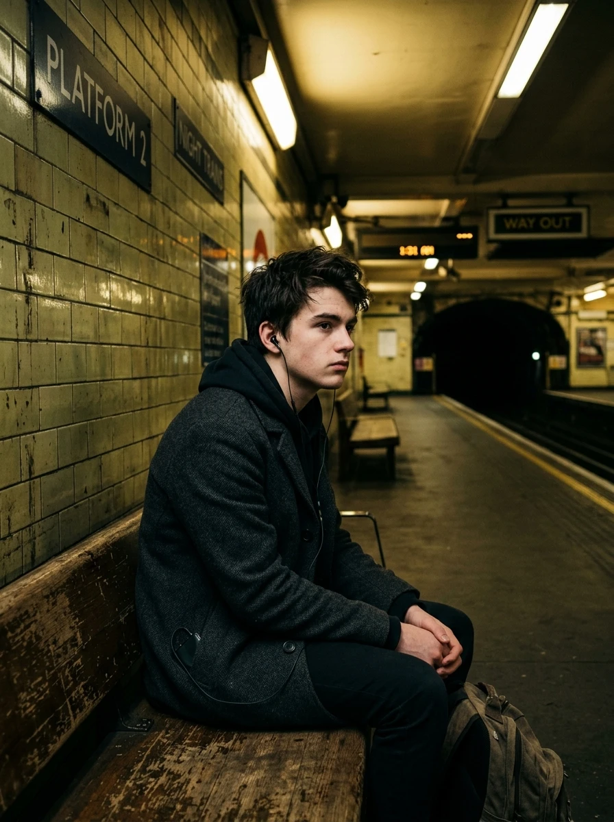 Subway Platform Melancholic Solitude Boy AI Night Portrait