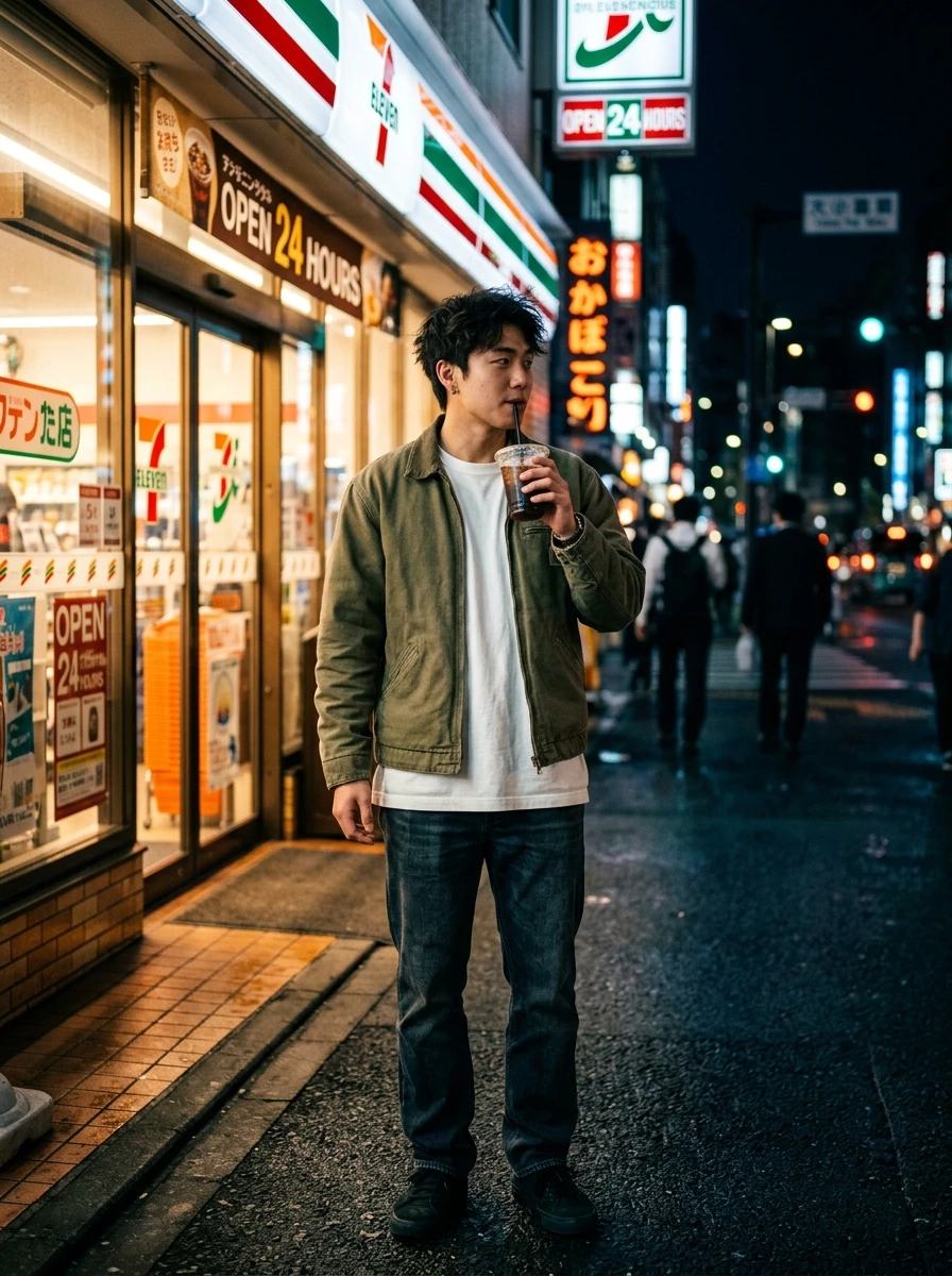 24-Hour Convenience Store Warm Glow Boy AI Street Photo