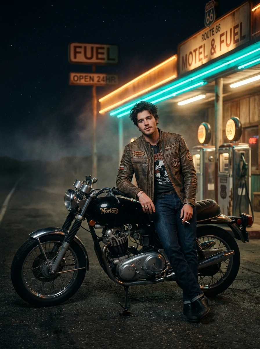 Retro Gas Station Neon Solitude Boy AI Photo with Motorcycle