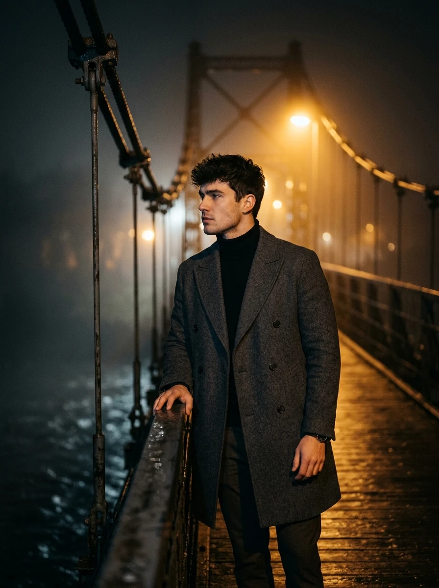 Suspension Bridge River Fog Noir Boy AI Night Portrait