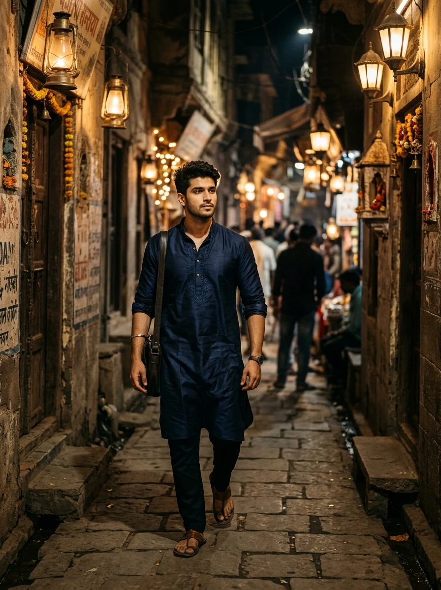 Varanasi Heritage Alley Lantern Walk Boy AI Indian Night Photo