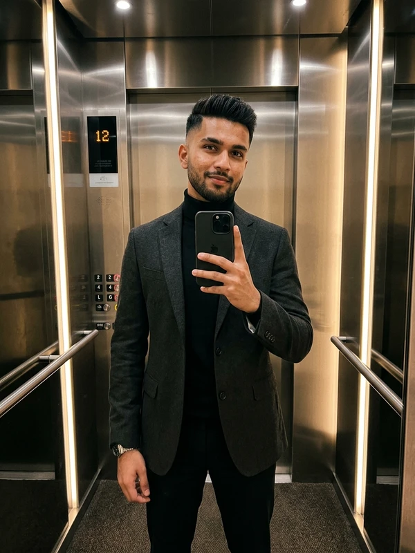 Luxury Hotel Elevator Mirror Selfie with Boy in Black Blazer Holding iPhone