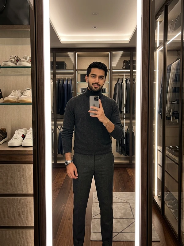 Penthouse Walk-In Closet Luxury Mirror Selfie with Cashmere Turtleneck and Titanium iPhone