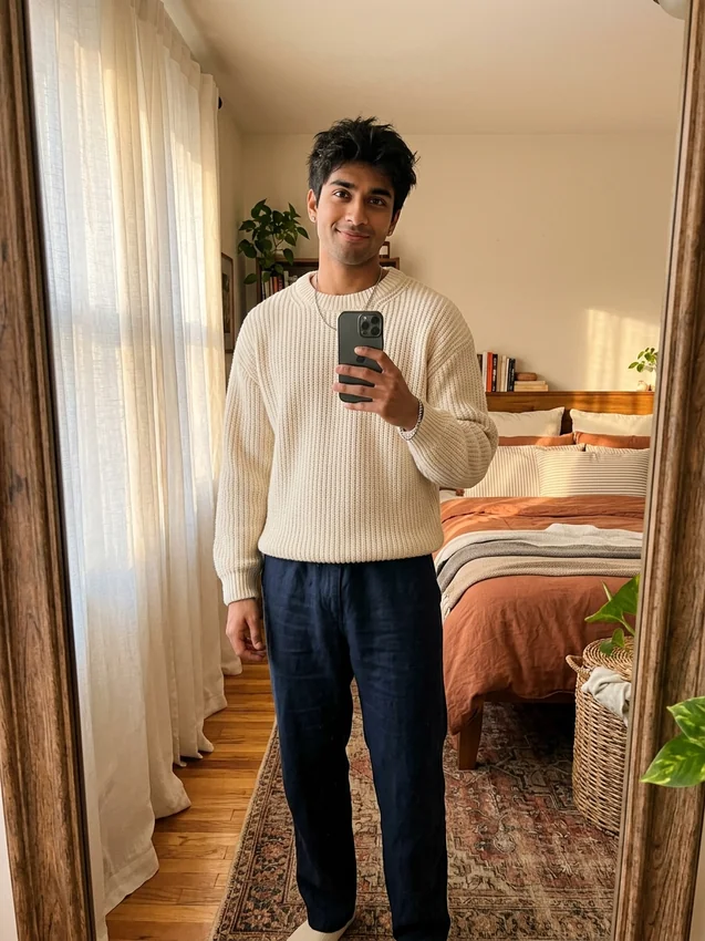 Golden Hour Bedroom Aesthetic Mirror Selfie with Boy in Cream Sweater