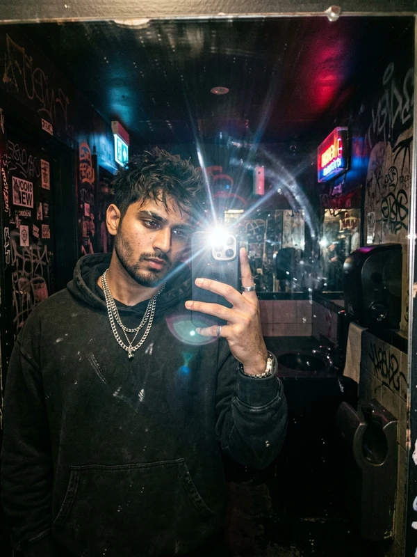 Y2K Direct On-Camera Flash Mirror Selfie with Boy in Streetwear Hoodie