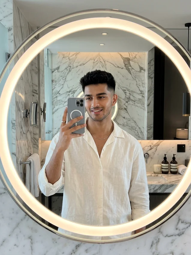 Clean Boy Luxury LED Vanity Mirror Selfie with Crisp White Shirt and Fresh Skin