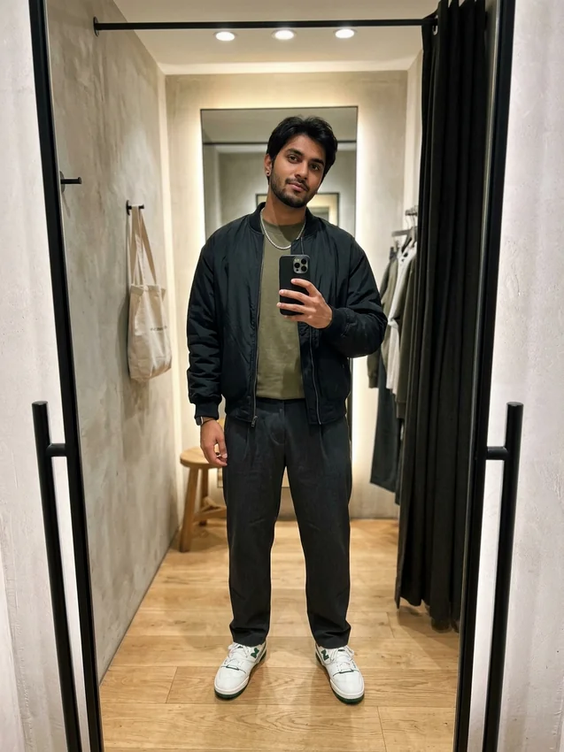 Korean Minimalist Streetwear Boutique Mirror Selfie for Boy in Bomber Jacket