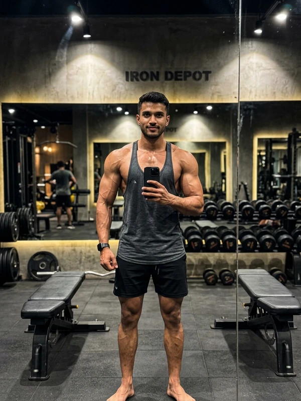 Athletic Gym Pump Workout Mirror Selfie with Defined Muscle Physique