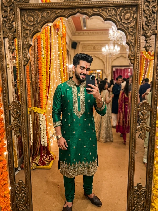 Royal Chikankari Kurta Festive Mirror Selfie for Diwali and Celebrations