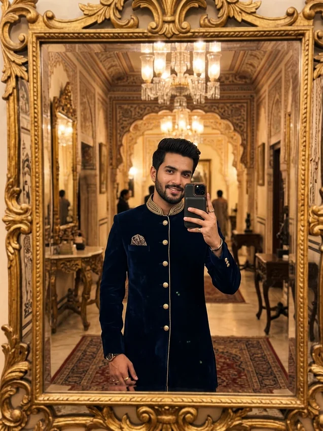 Royal Velvet Indo-Western Bandhgala Mirror Selfie for Boy with Palace Reflection