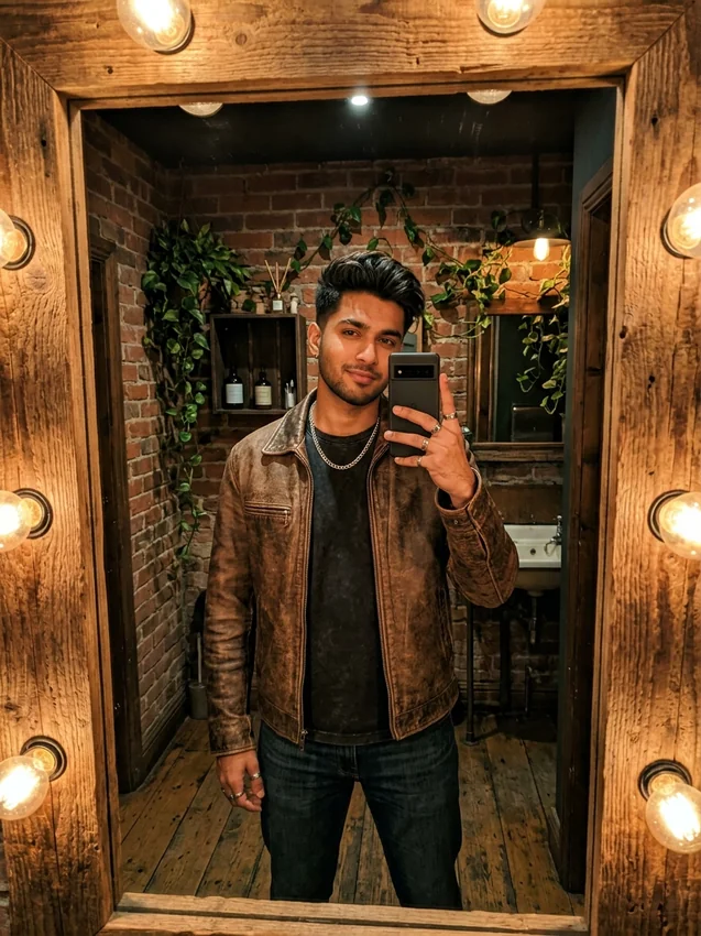 Urban Coffeehouse Restroom Aesthetic Mirror Selfie for Boy in Distressed Leather Jacket