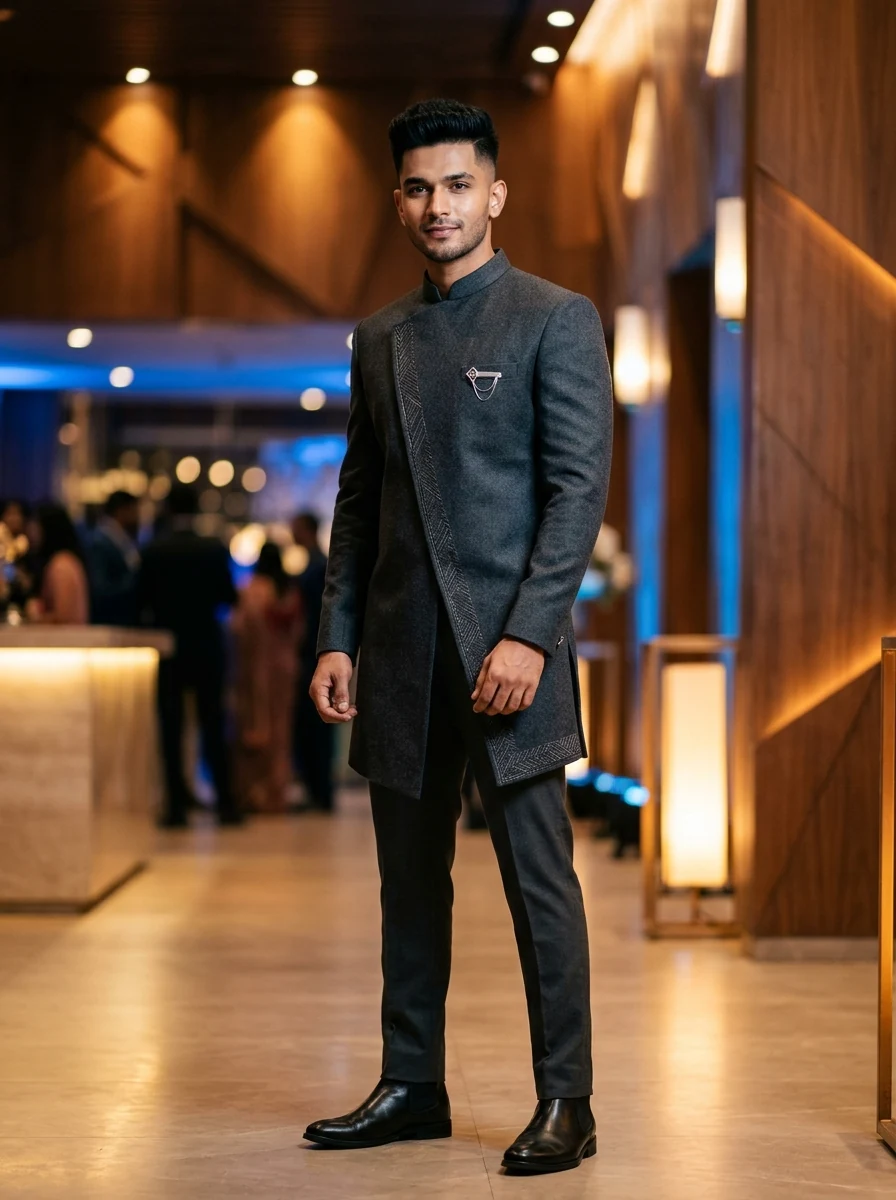 Modern Charcoal Asymmetrical Sherwani Gemini Dress Change Prompt For Men