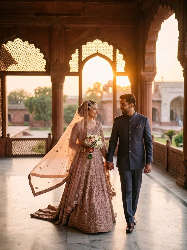 Muslim wedding prompt for gemini ai - romantic mughal palace sunset walk sandstone arches