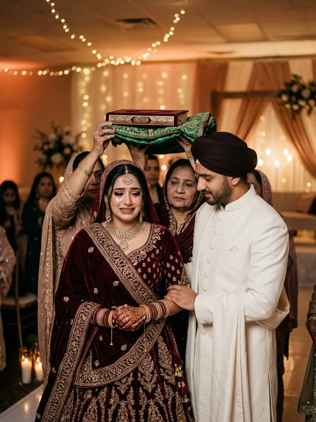 Muslim wedding prompt for gemini - emotional rukhsati farewell with holy quran blessing