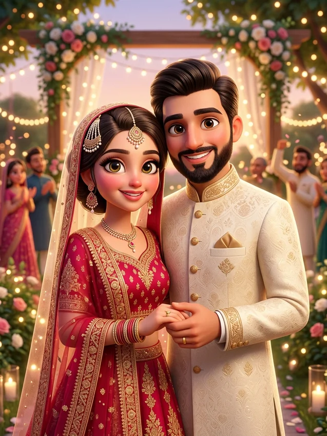 Muslim wedding prompt for gemini free - whimsical 3d pixar animated muslim wedding couple