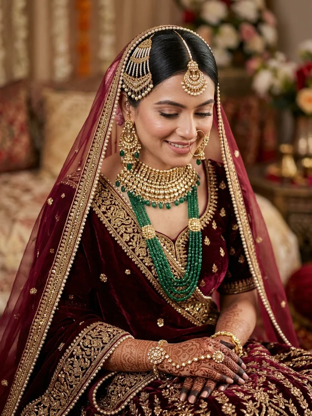 Muslim bride prompt for gemini - royal mughal bridal look with gold passa and jhumkas