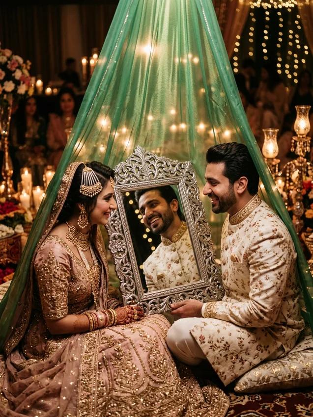 Muslim wedding prompt for gemini ai - arsi mushaf mirror reflection ceremony green silk veil