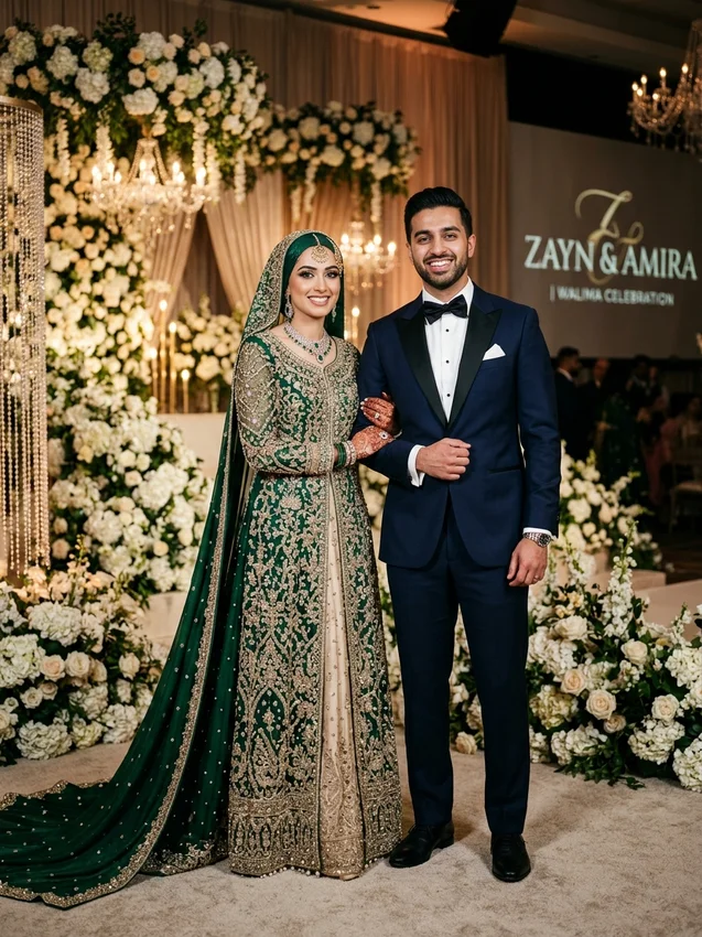 Muslim wedding prompt for gemini free - walima reception emerald green gown and tuxedo