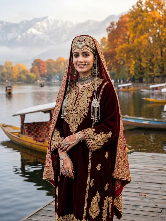 Muslim bride prompt for gemini ai - kashmiri bride in velvet pheran and gold tilla work