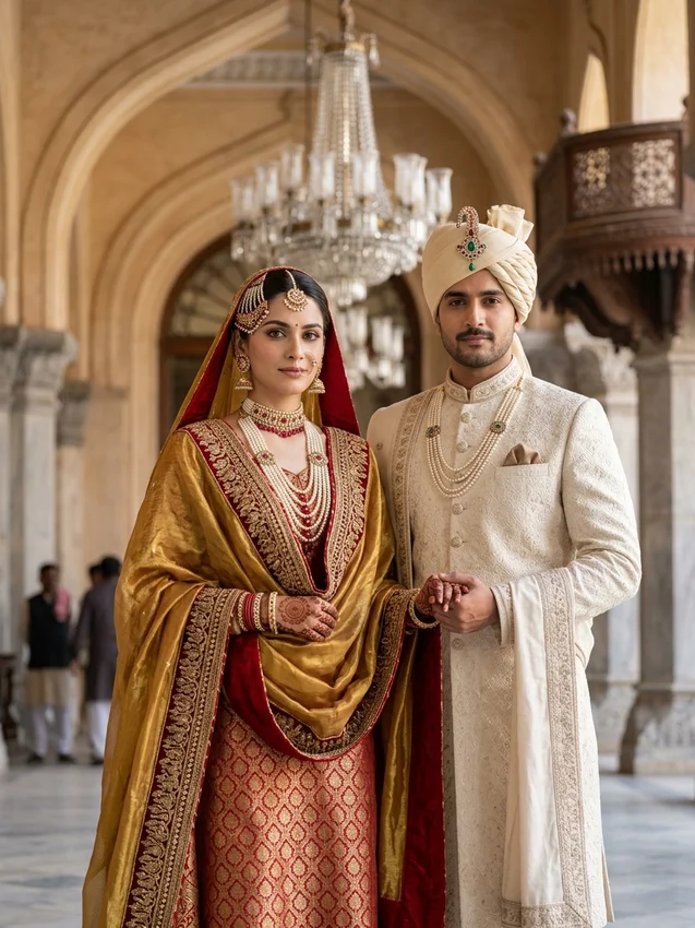 Muslim bridal look prompt for gemini - royal hyderabadi nizami khada dupatta basra pearls