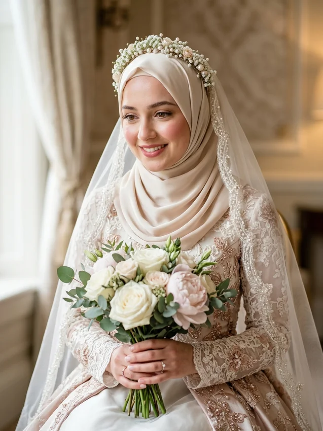 Muslim bride prompt for gemini - soft modest hijabi bridal portrait with floral tiara