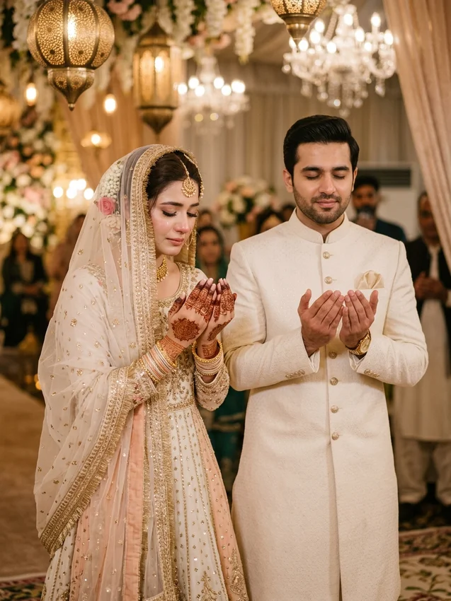 Muslim wedding prompt for gemini - heartfelt dua hand prayer moment after nikah