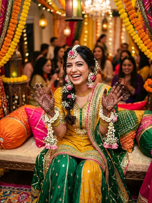 Muslim bridal look prompt for gemini - festive mehndi night mustard yellow sharara arabic henna
