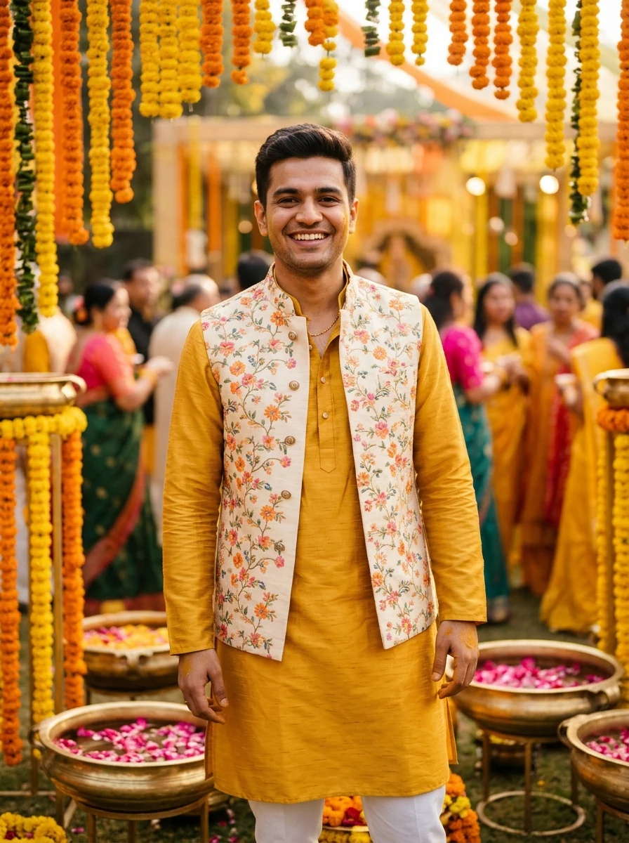 Mustard Yellow Haldi Kurta with Nehru Jacket Gemini Kurta Pajama Prompt