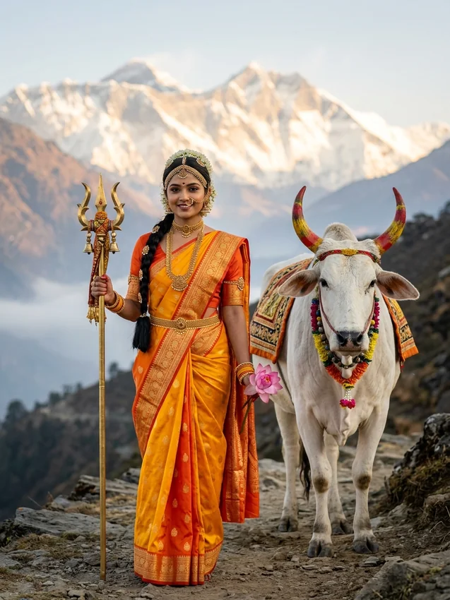 Navratri 9 avatar ai photo prompt for girl - day 1 maa shailaputri himalayan sunrise prompt