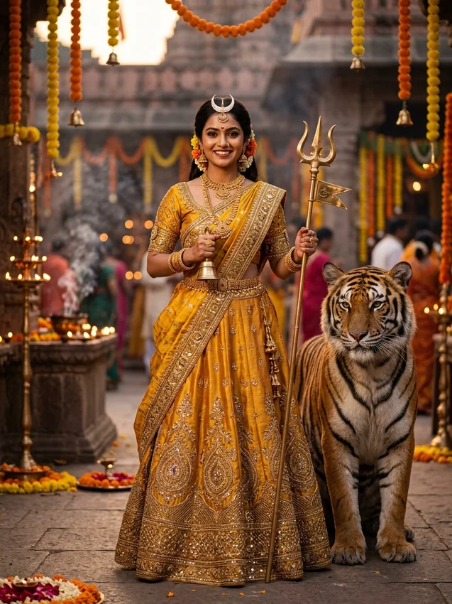 9 days navratri photoshoot prompt - day 3 maa chandraghanta golden yellow lehenga tiger