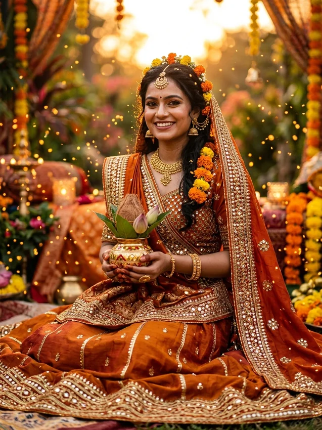 Navratri devi roop prompt for gemini - day 4 maa kushmanda solar orange lehenga
