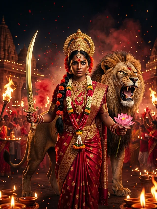 Navratri 9 devi roop ai photo editing prompt copy paste 2026 - day 6 warrior goddess katyayani red saree