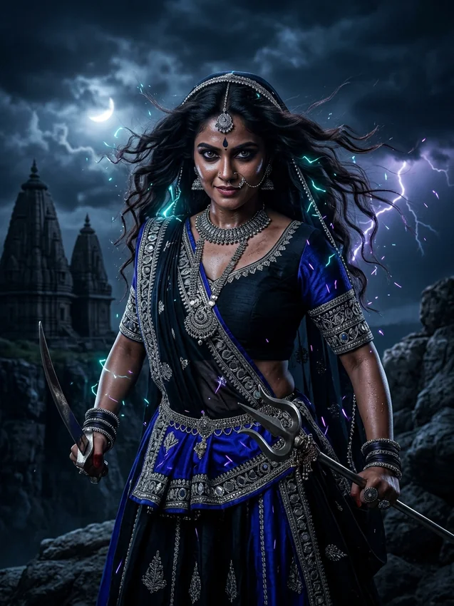 9 days navratri photoshoot prompt - day 7 maa kalaratri midnight black lightning look
