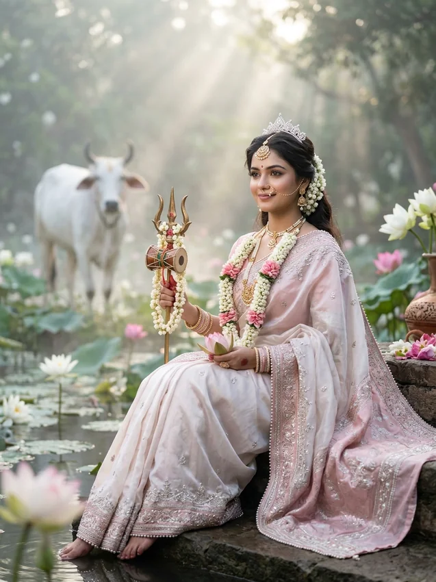 Navratri devi roop prompt for gemini - day 8 maa mahagauri pearl white saree lotus pond