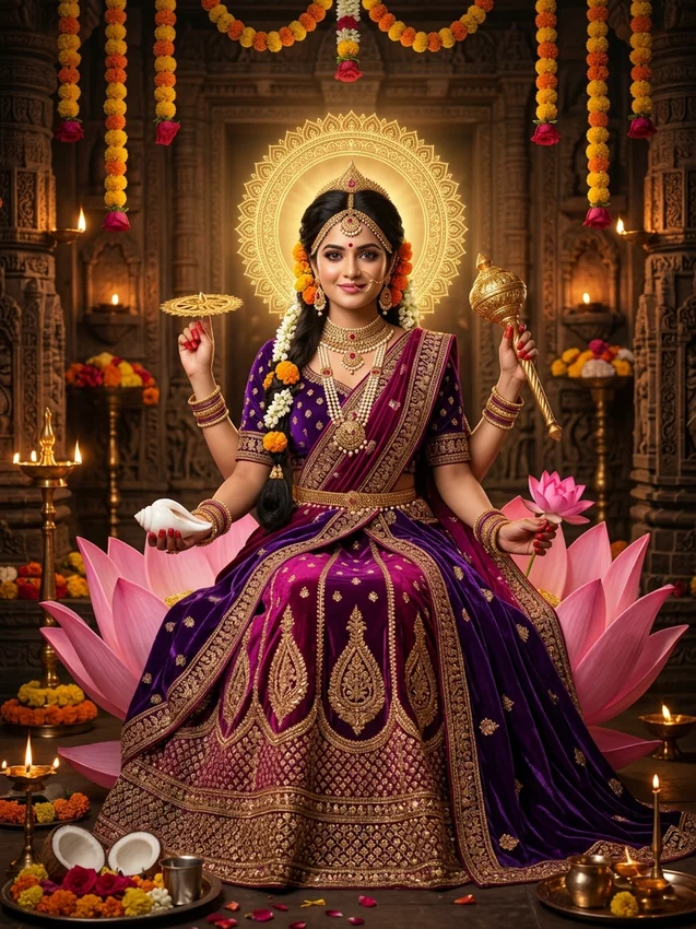 Navratri 9 avatar ai photo prompt for girl - day 9 maa siddhidatri purple velvet lotus throne