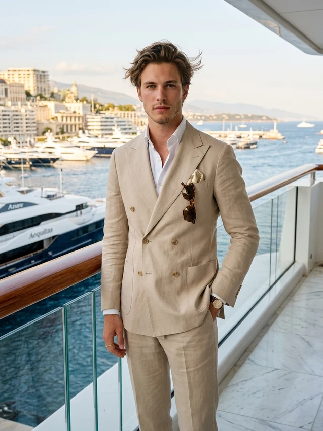 Old Money Prompt Gemini Monaco Grand Prix Double Breasted Linen Suit Look