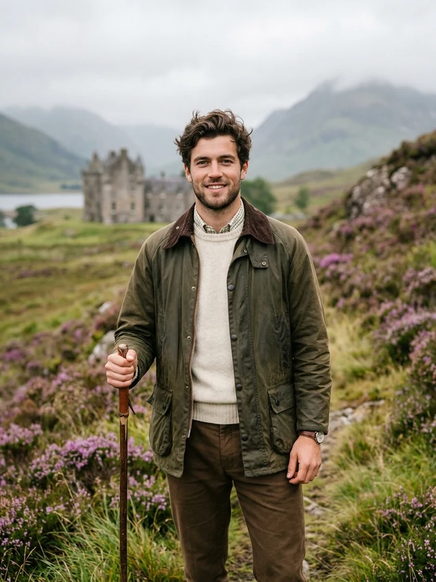 Old Money Prompt Gemini Scottish Highland Castle Barbour Waxed Jacket Look