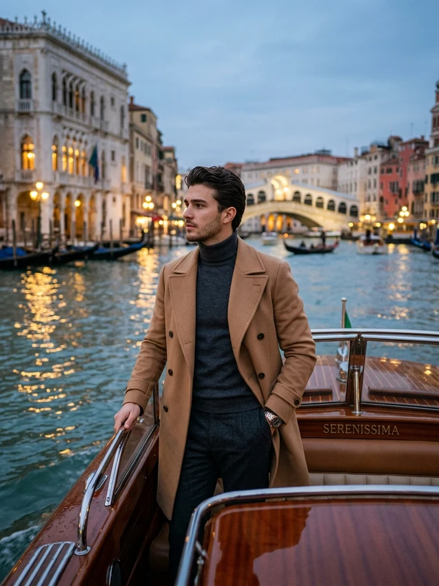 Old Money Prompt Gemini Venice Water Taxi Camel Trench Coat Look